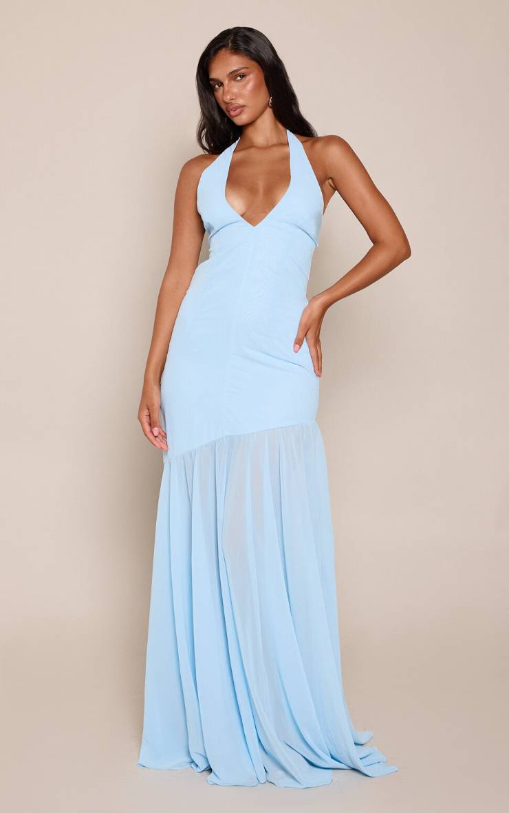 Bleu Vif Robe Longue En Mousseline À Taille Basse Et Col Licou