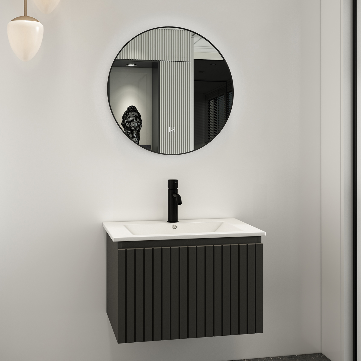 Fontana Lento zwart badkamermeubel ribbelfront witte wastafel 60cm 1 kraangat