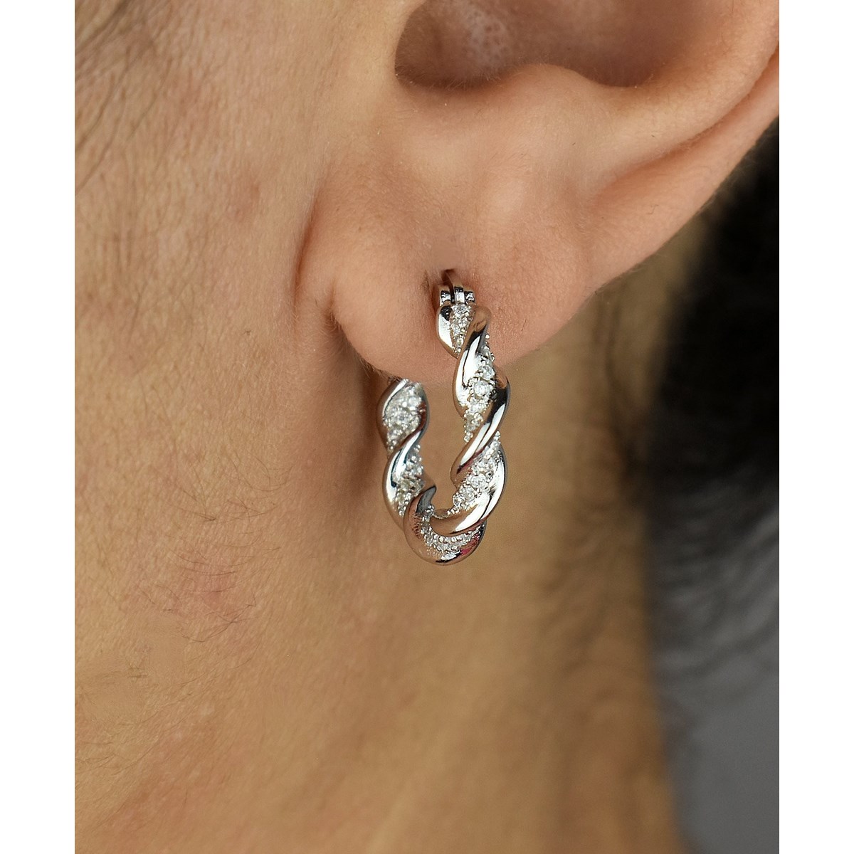 Boucles d'oreilles Créoles torsade d'oxyde de zirconium Argent 925 Rhodié