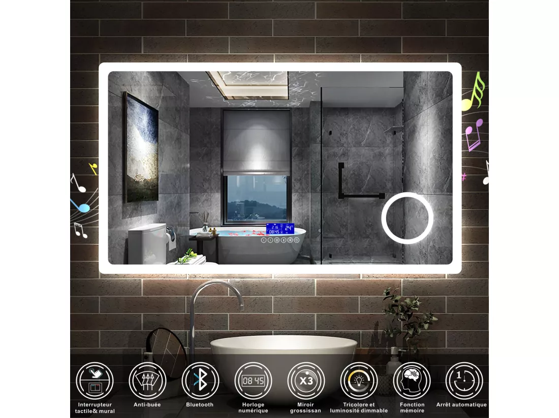 AICA Ensemble meuble Salle de Bain Chêne Wotan 100cm avec 2 colonnes, simple vasque et Led miroir dimmable avec 3 couleurs, Bluetooth et 3X grossissement.