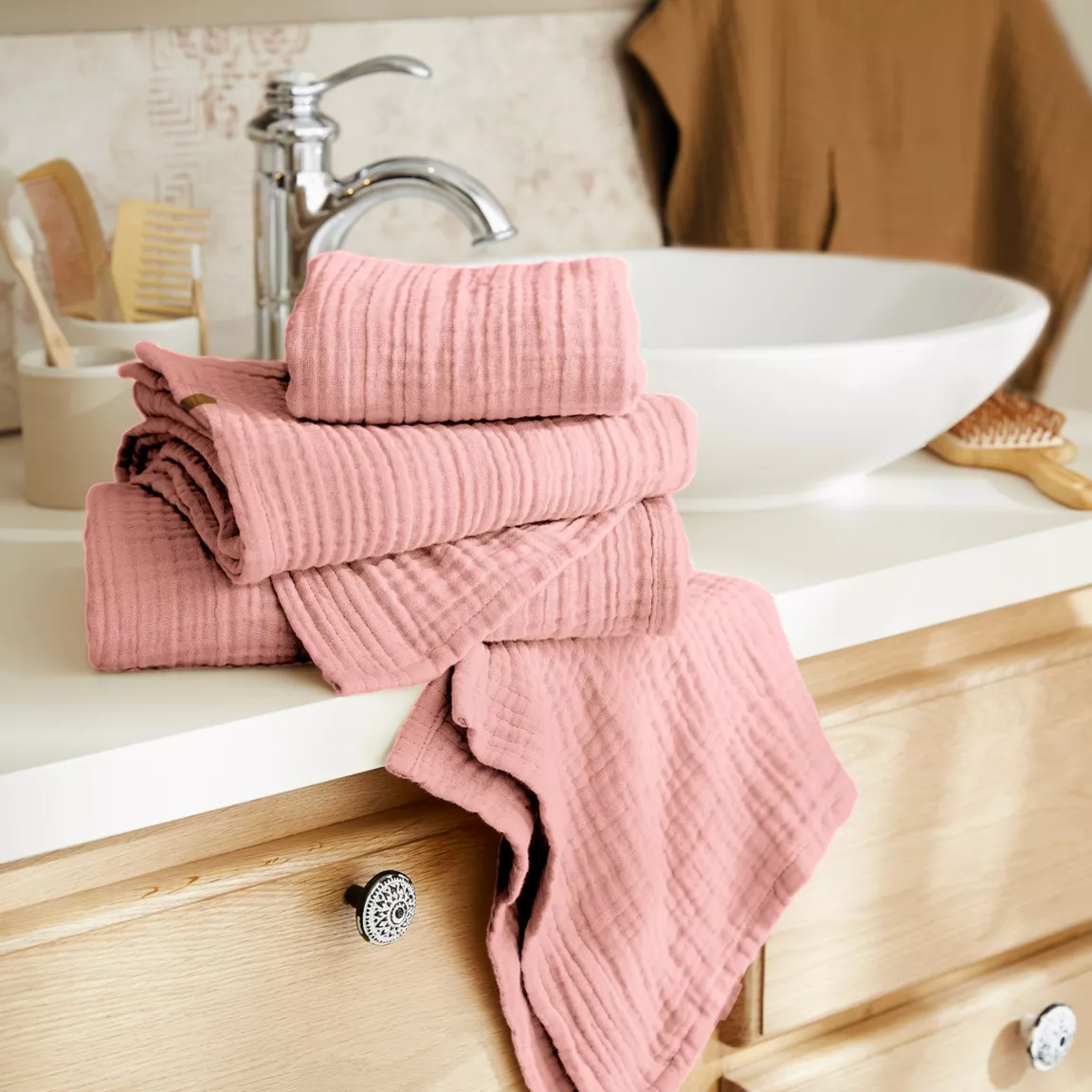 Serviette de bain gaze de coton (30 x 50 cm) Gaïa Rose pêche