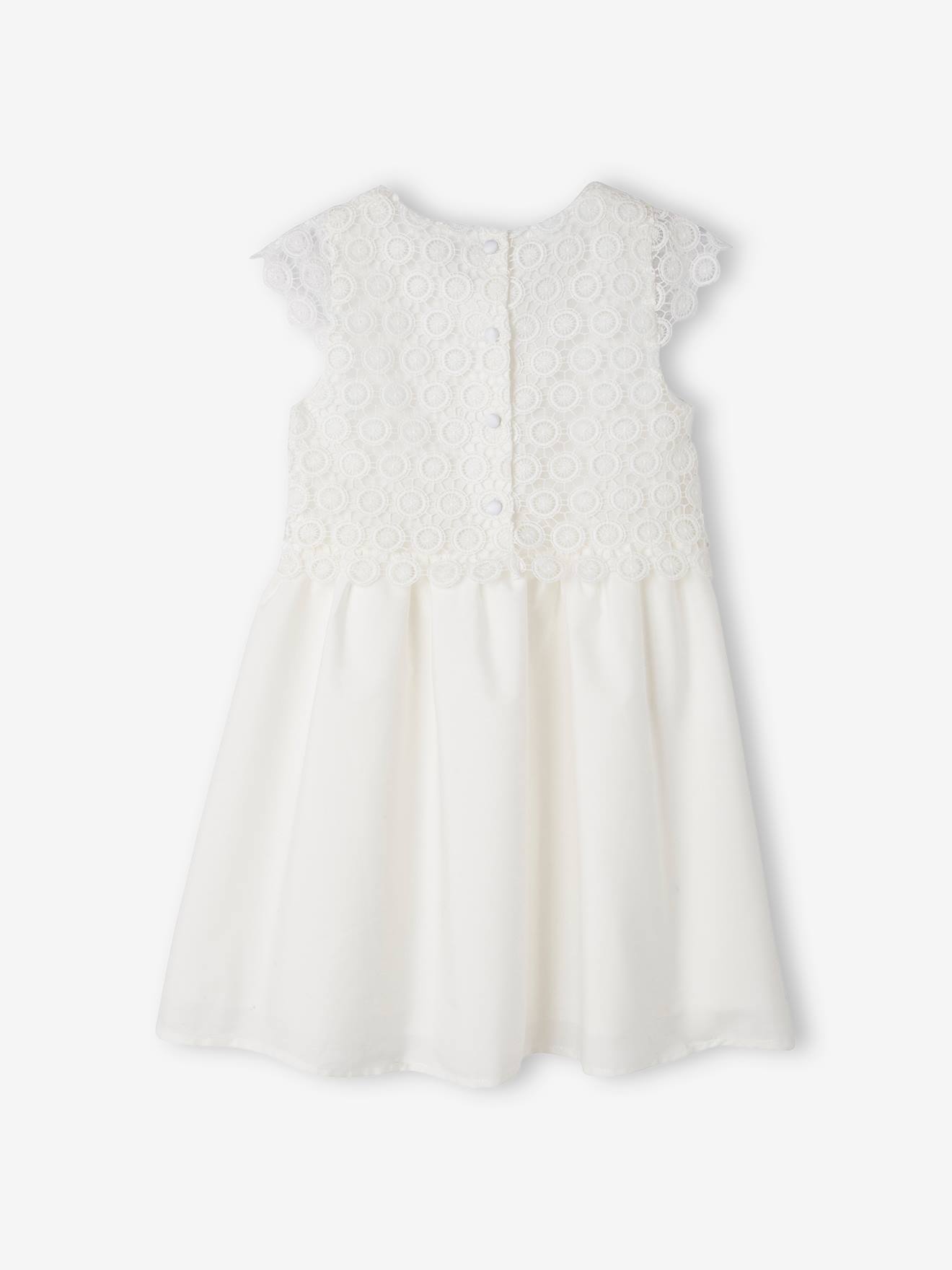 Vestido formal 2 em 1 com sobreposição de macramê, para meninas, branco claro liso