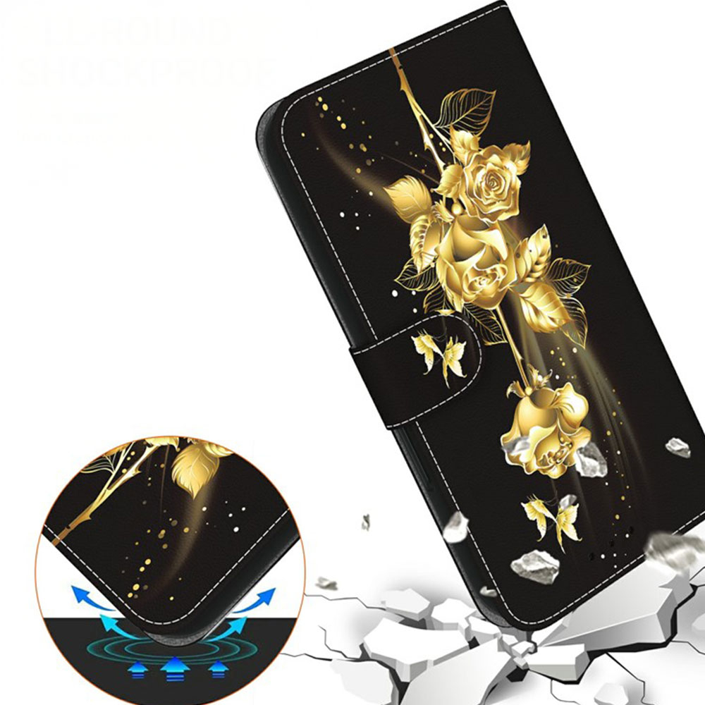 Samsung Galaxy S25 Edge Leder Tasche mit Kartenfach   Handschlaufe - Schmetterling / Rose (Schwarz / Gold)