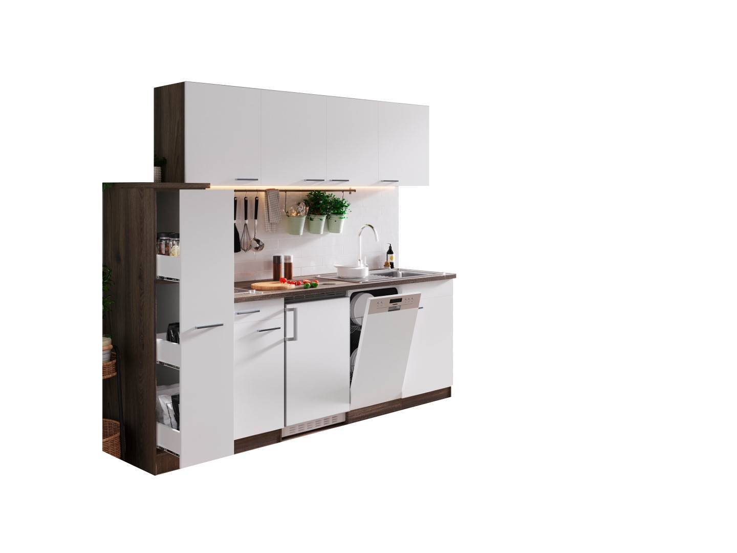 RESPEKTA Singleküche OLIVER - weiß - Eiche York - mit E-Geräten - Glaskeramikkochfeld - 225 cm