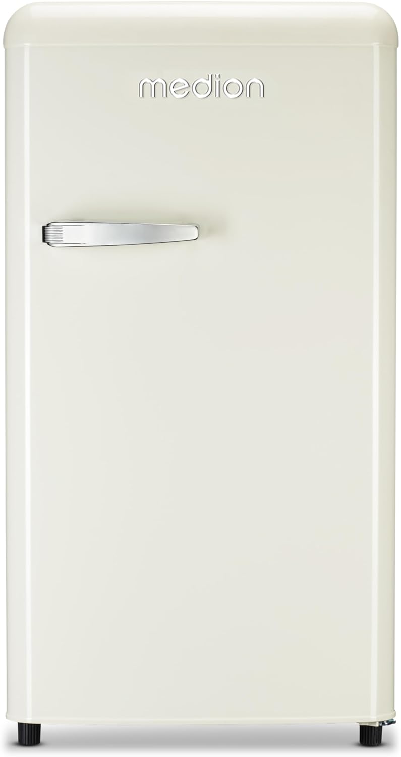 MEDION Retro Kühlschrank (91 Liter, 91cm Höhe (höhenverstellbare Füße), höhenverstellbare Glasablagen, transparente Gemüseschublade, freistehend, Türanschlag rechts, Metall Türgriff, MD37800) cream