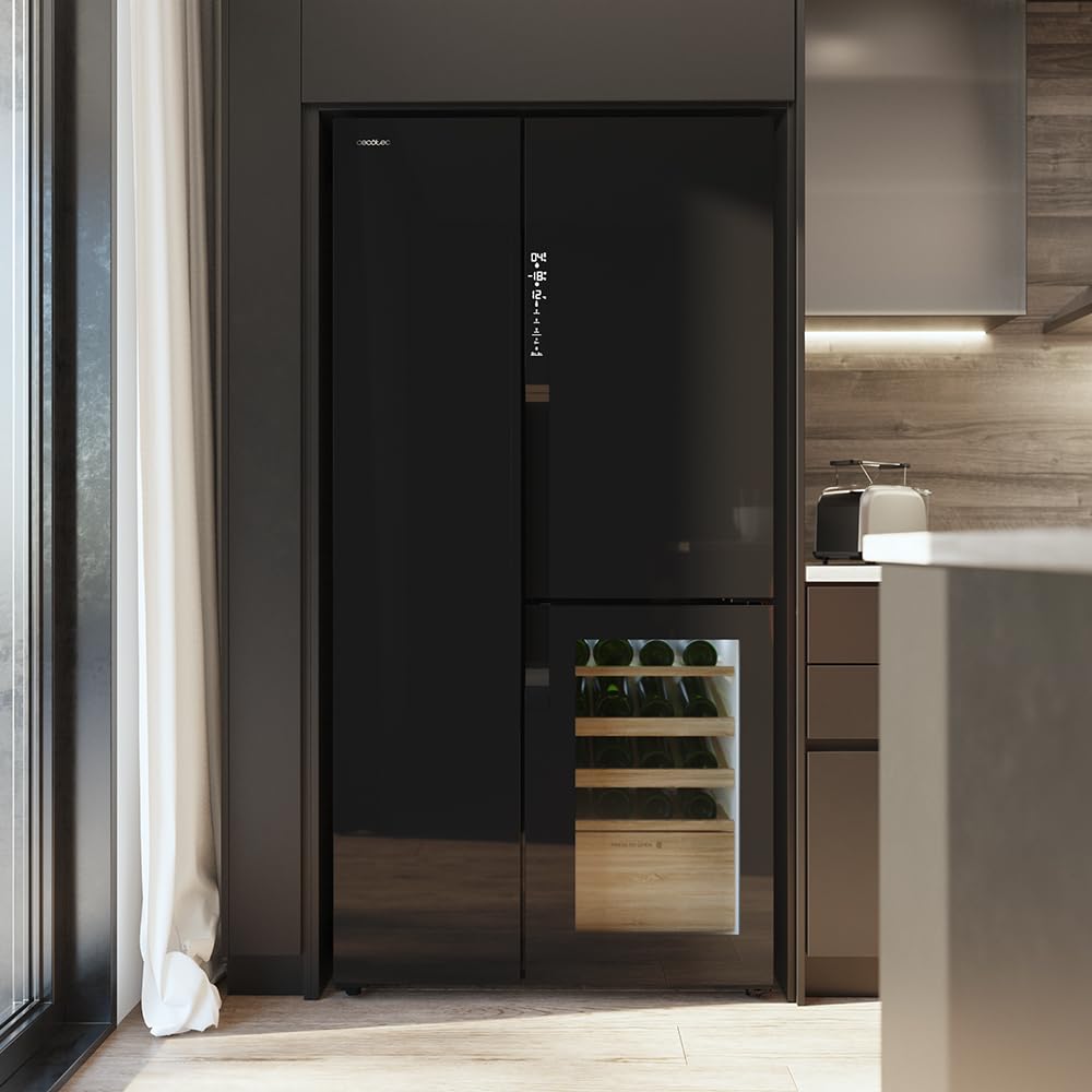 Cecotec Réfrigérateur 3 Portes Bolero CoolMarket TDW 548 Black Glass E, Classe E, 548L, Design T Door, Compresseur Inverter Plus, Total No Frost, Meta