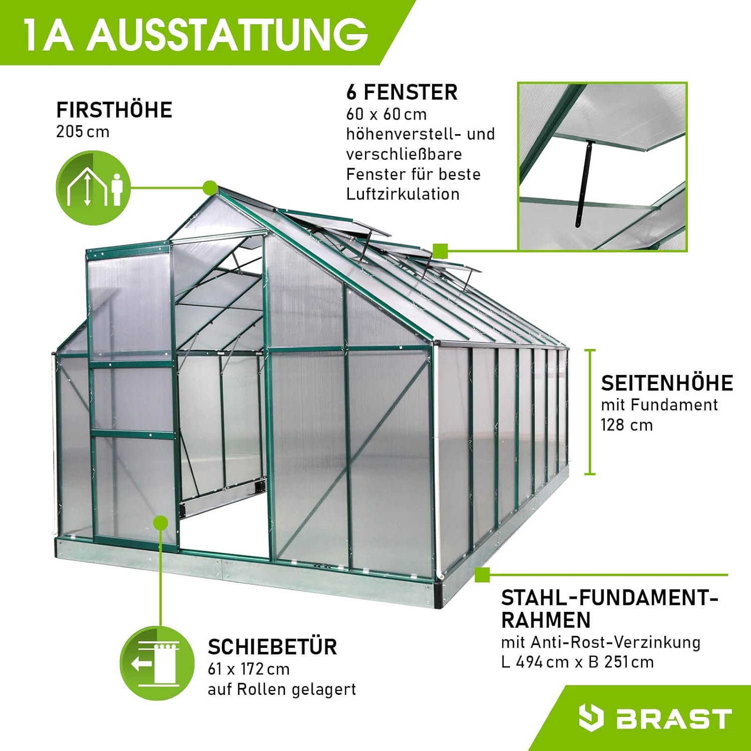 BRAST Gewächshaus Aluminium mit Fundament | 42 Modelle | 130x190x195cm - 490x250x235cm | TÜV geprüft | 6mm Hohlkammerplatten | rostfrei wetterfest temperaturbeständig | 490x250x205cm Grün
