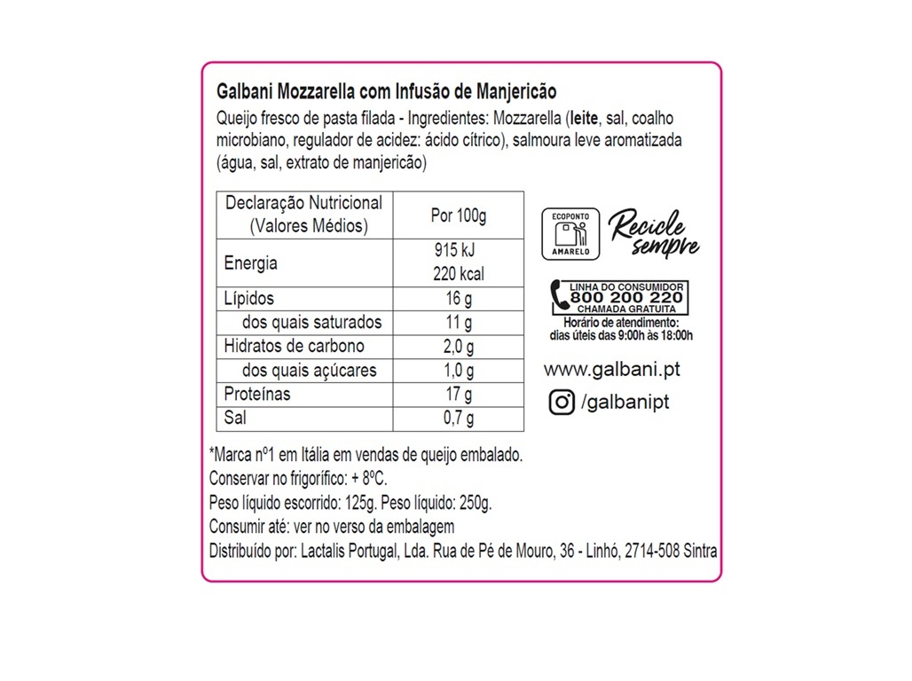 QUEIJO MOZZARELLA GALBANI INFUSÃO MANGERICÃO 125G
