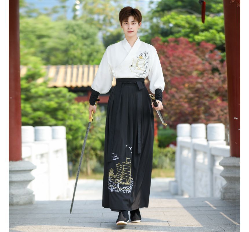 Tangier - Schip geborduurd Hanfu gewaad / Top met lange mouwen / Maxi rok / Arm mouwen / Set