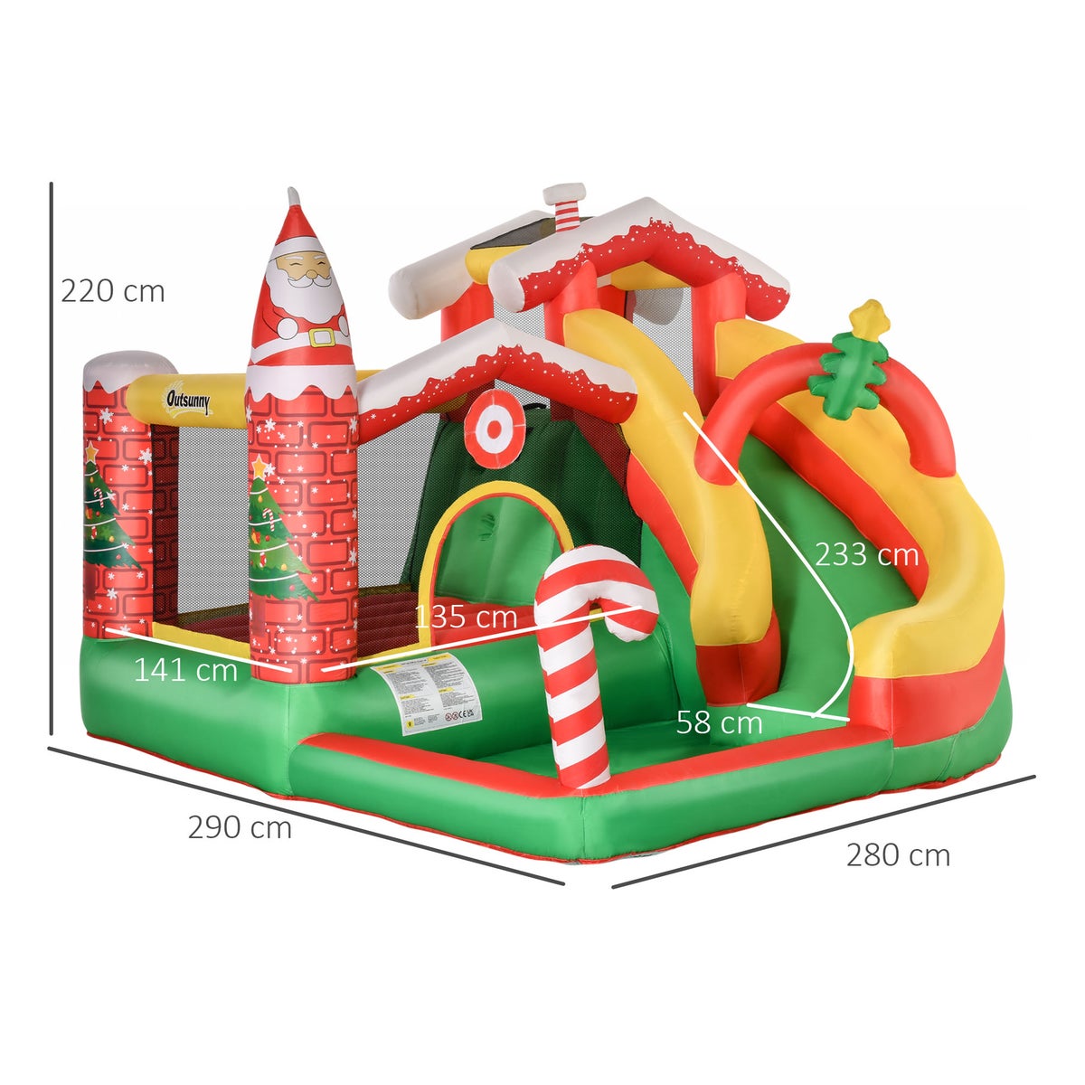 Opblaasbaar springkasteel Outsunny, 290 x 280 x 220 cm, Oxford-stof + polyester, rood + groen + wit