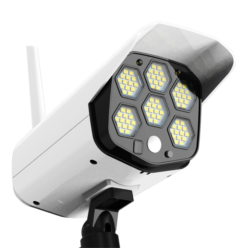 Dummy Outdoor Solar Sicherheitskamera Überwachungskamera Attrappe mit LED Beleuchtung und Fernbedienung inkl. Wandhalterung (IP66) - Weiss