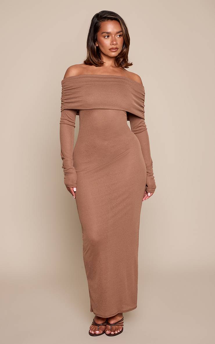 Chocolat Robe Maxi Moulante En Mesh Transparent À Col Bardot