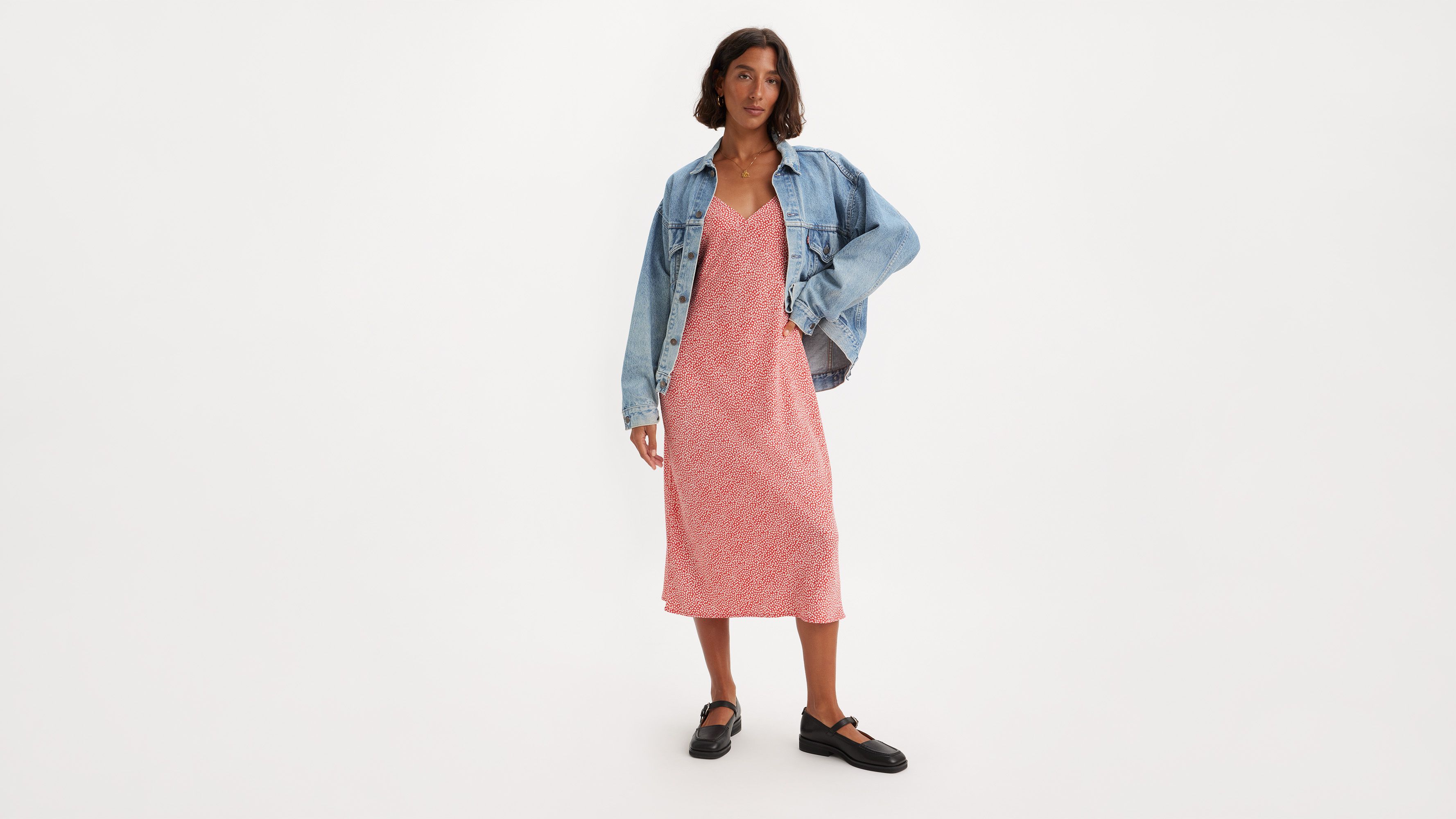Robe mi-longue Rena - Olive Floral Coral Red - Rouge