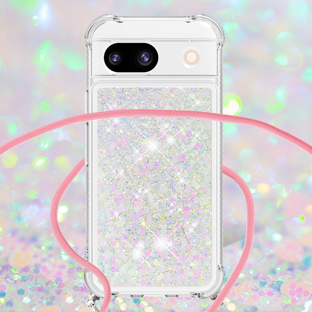 Google Pixel 8a Necklace Gummi Hülle Liquid Glitzer   Handykette (130cm) - Rosa / Silber