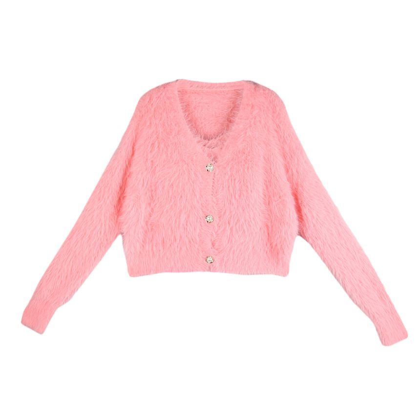 monroll - Set: effen, pluizig cropped vest + gebreide cropped camisole top