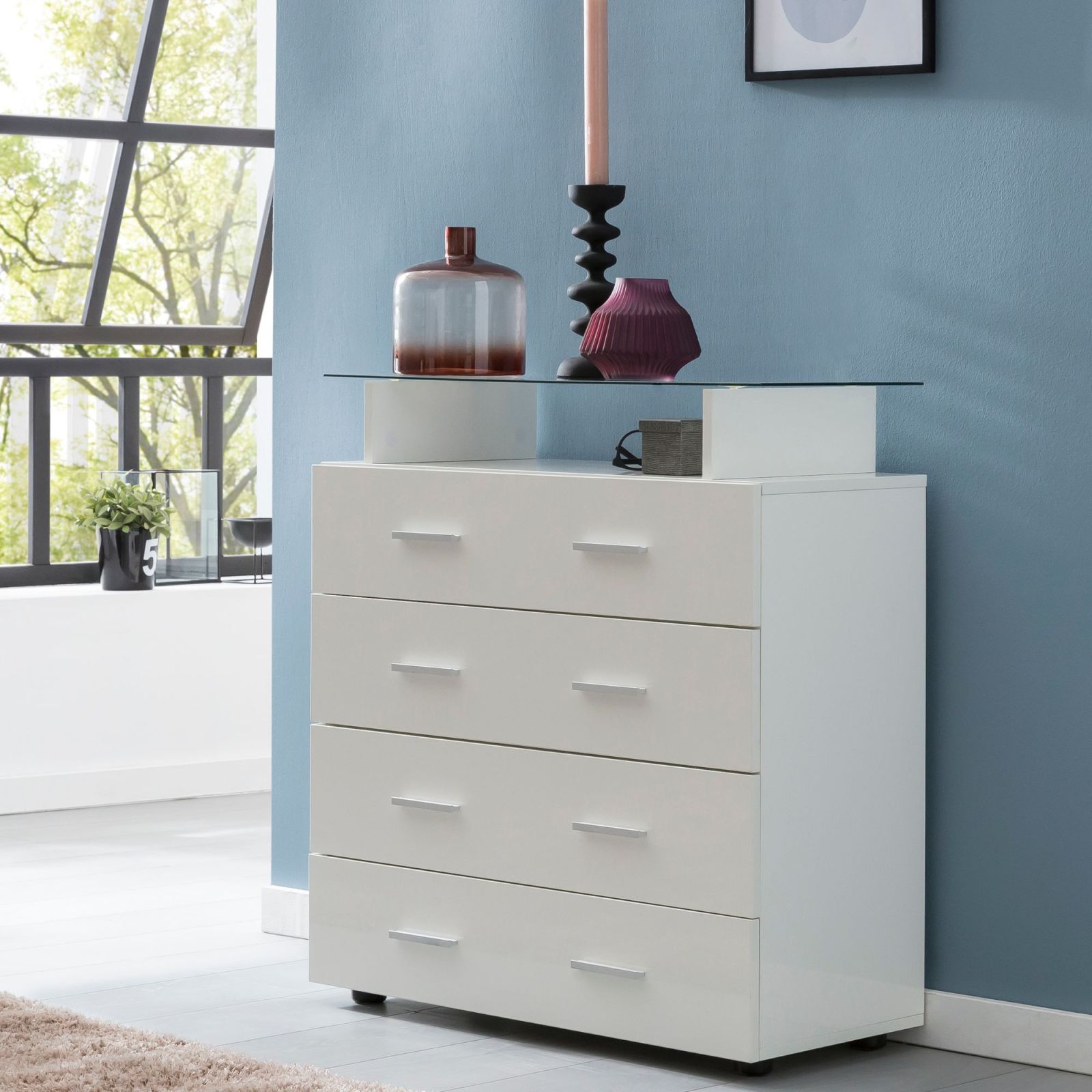 Kommode - weiß-Hochglanz - 4 Schubkästen - 84x76 cm