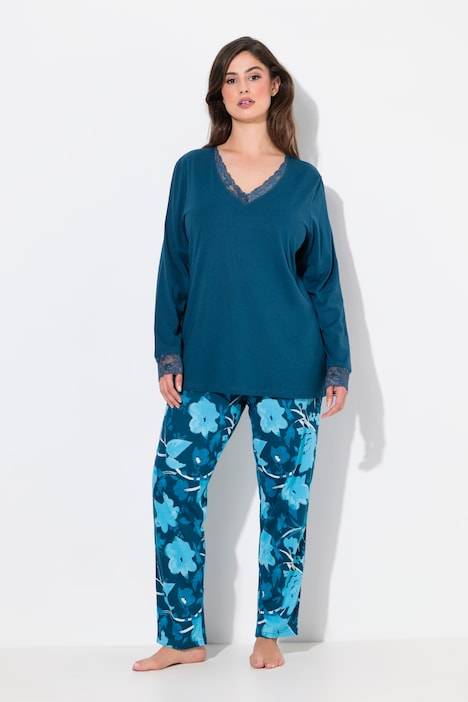 Pyjama, Spitze, V-Ausschnitt, Langarm, Modalmix