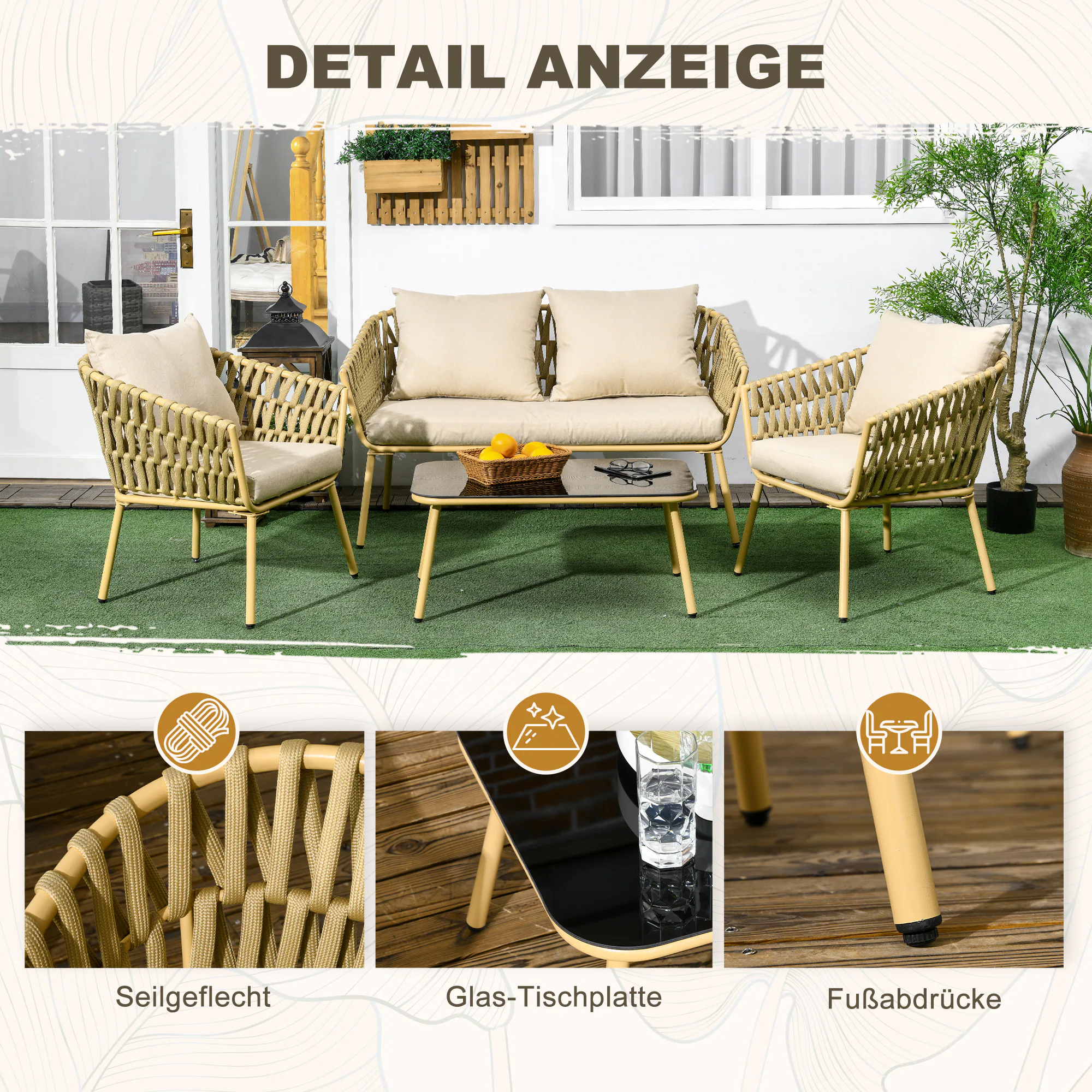 Outsunny Gartenmöbel-Set mit 2er Bank, 2 Stühlen und Polsterkissen braun 130L x 66B x 72H cm