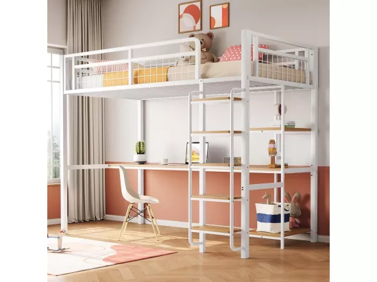 Lit mezzanine en métal, 90*200 cm, échelle de sécurité avec marches, lit simple avec table et étagère, barrière de sécurité en métal, blanc