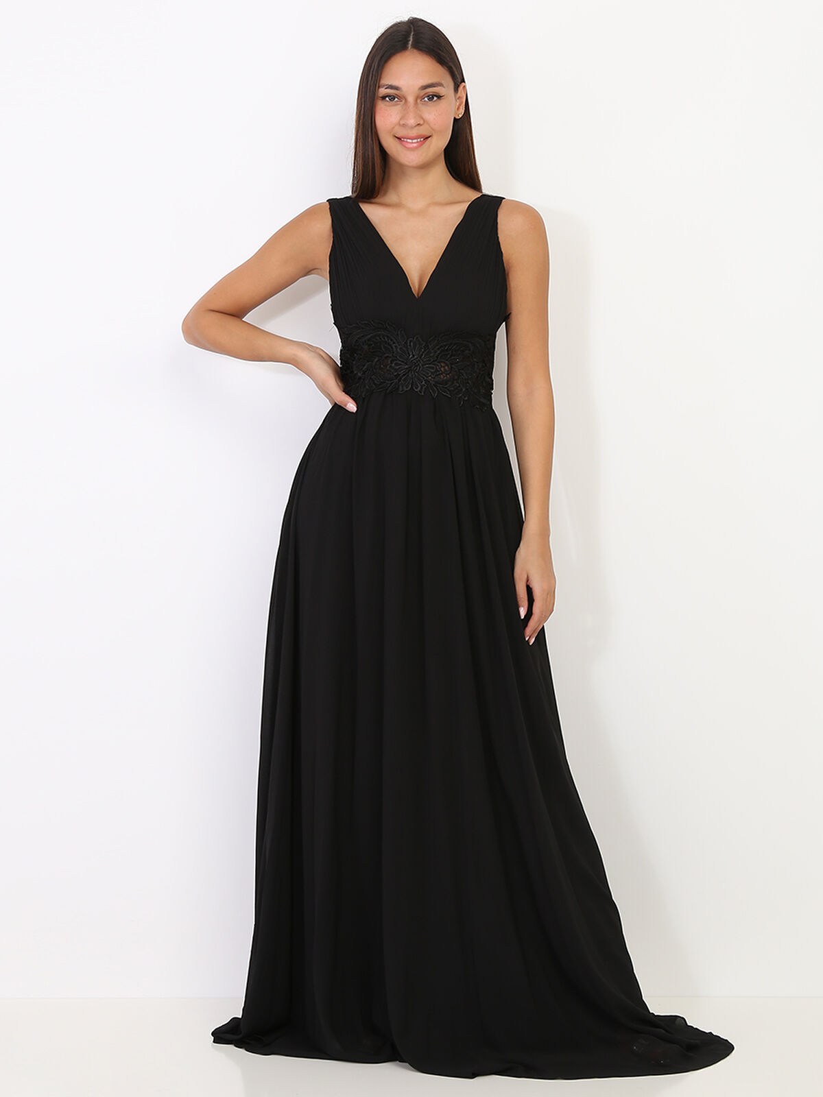Robe longue à buste drapé et dentelle- Noir