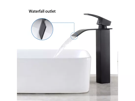 AuraLum Max Robinet de Lavabo Cascade Noir Bec Haut Mitigeur Vasque à Poser Robinet Salle de Bain en Laiton,EU Modèle