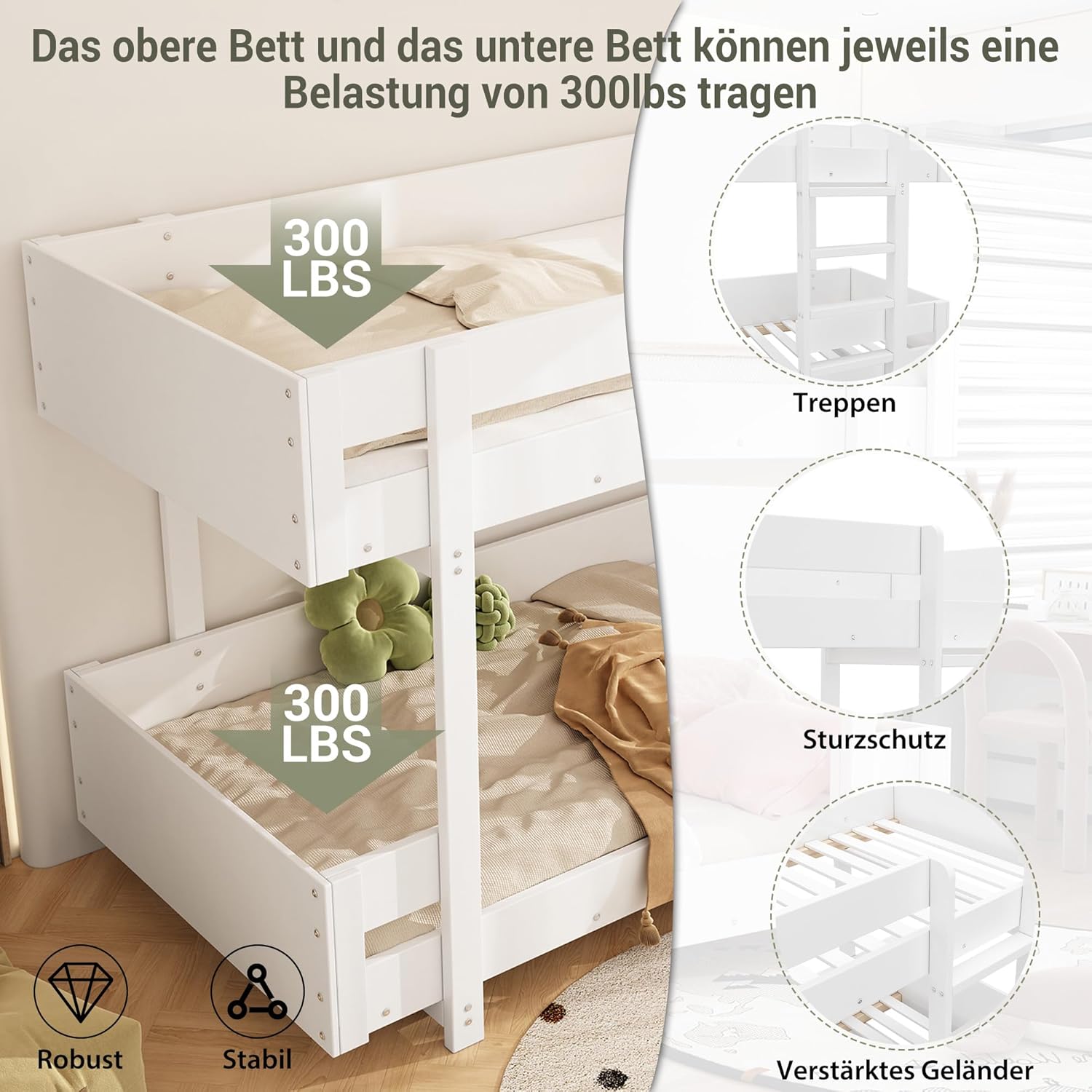 Etagenbett Kinderbett Hochbett mit 2 Liegeflächen 90x200 und Leiter, Platzsparendes Stockbett für 2 Kinder Holzbett Bettrahmen mit Rausfallschutz und Lattenrost, stabile Massivholzkonstruktion, Weiß