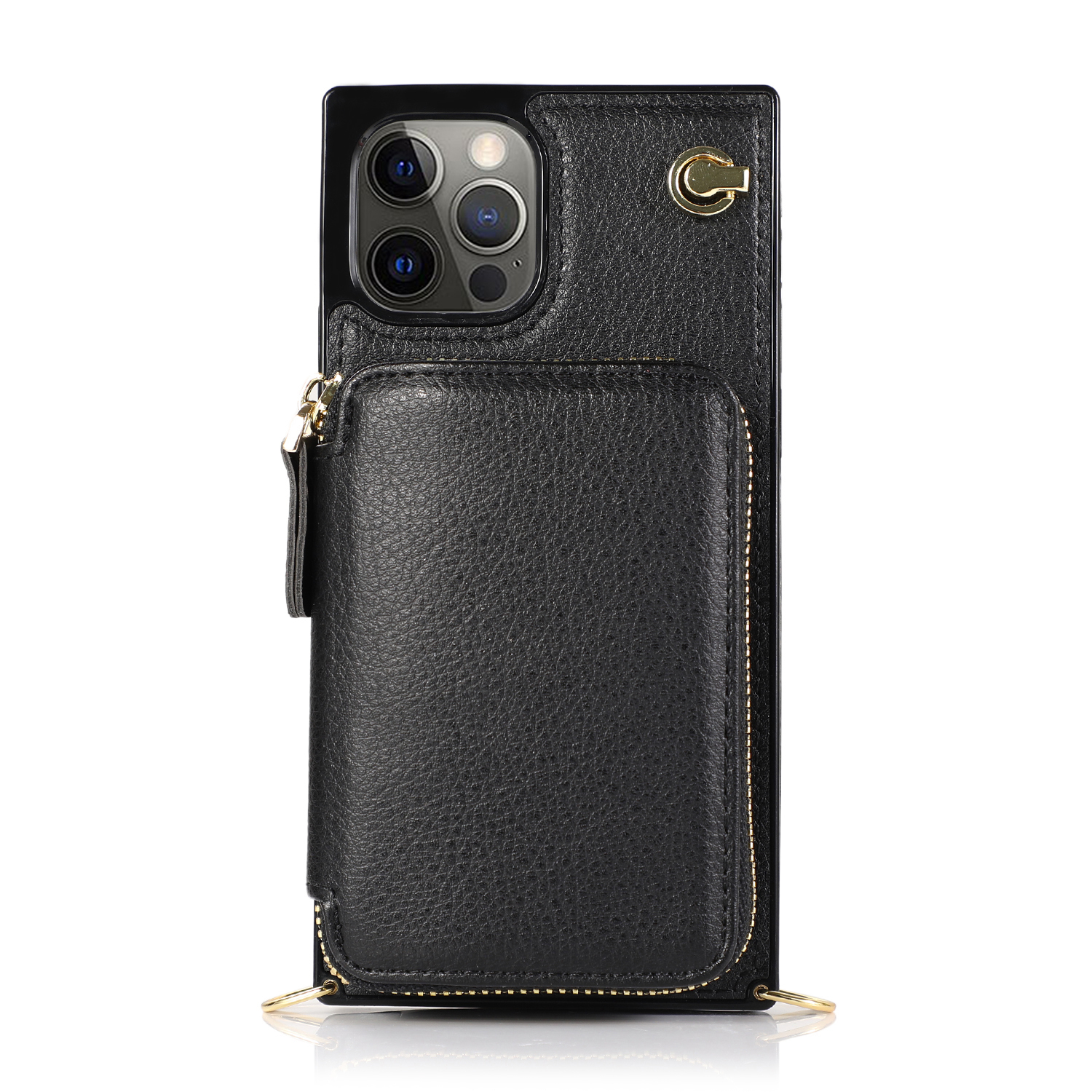 iPhone 12 / iPhone 12 Pro Necklace Leder Schutz Hülle mit Kartenfächer   Handykette (140cm) - Schwarz