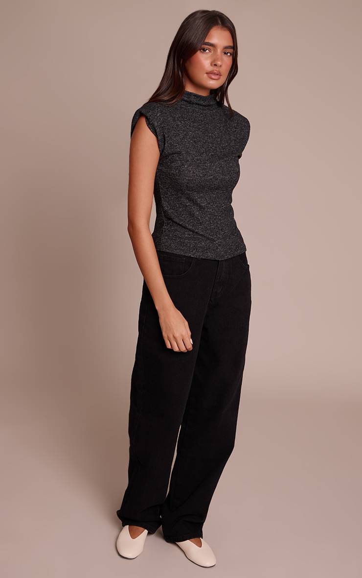 Charcoal Grey Haut Long En Maille Douce Col Montant Avec Détail D'épaules