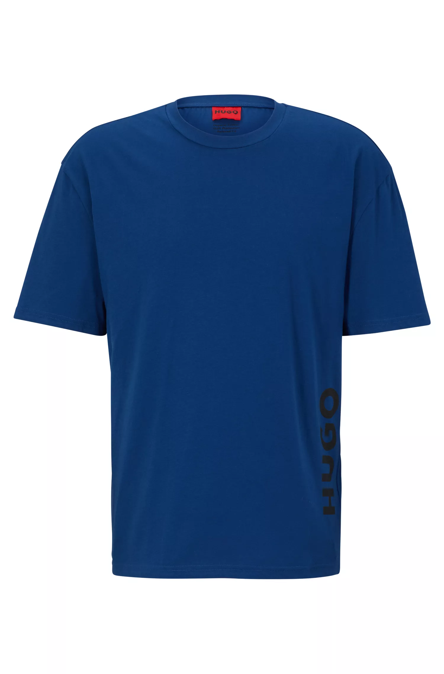 Camiseta HUGO vermelha em malha de algodão com logotipo vertical contrastante.