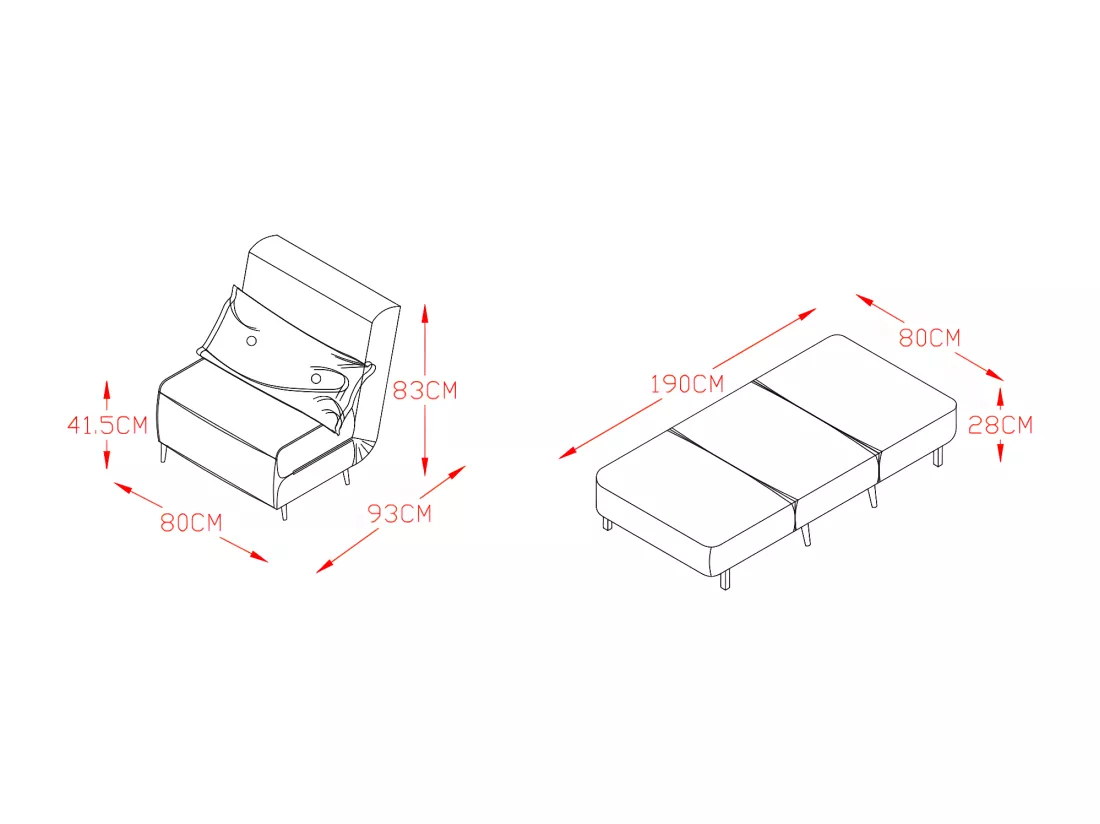 Fauteuil convertible lit 1 place tissu cuir PU blanc 80x90x84cm dimensions lit 80x190x28cm