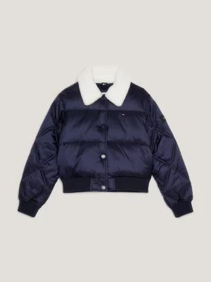 Jaqueta puffer cropped com gola de sherpa reciclada