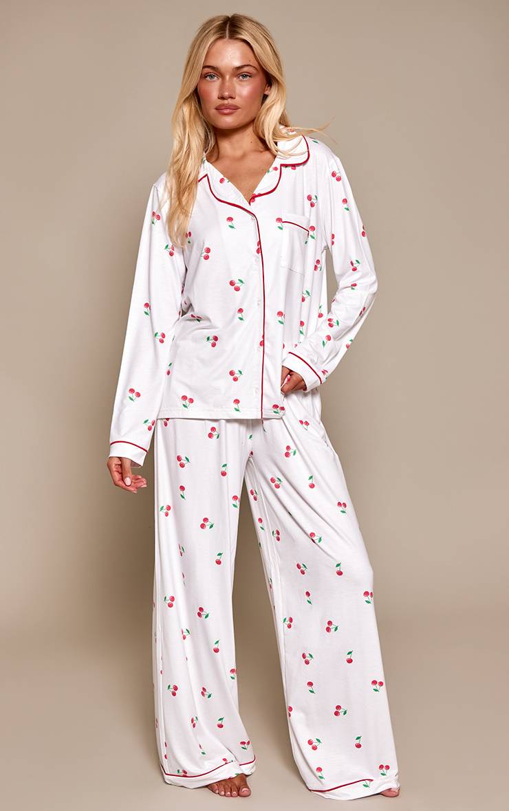 Blanc Cassé Ensemble Pyjama Haut Manches Longues Et Pantalon En Jersey Doux Avec Passepoil
