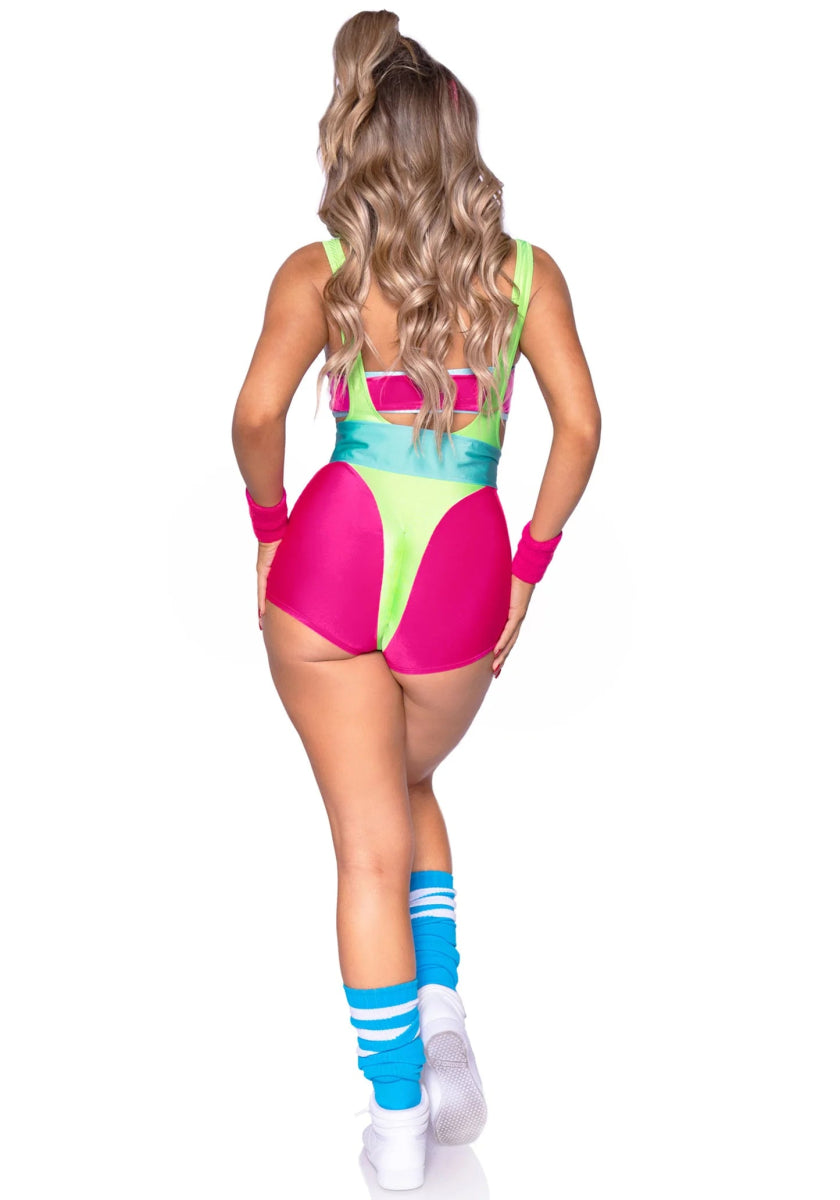 Neon 80S Kostuum Groen Roze Dames Bodysuit Workout Leg Avenue
