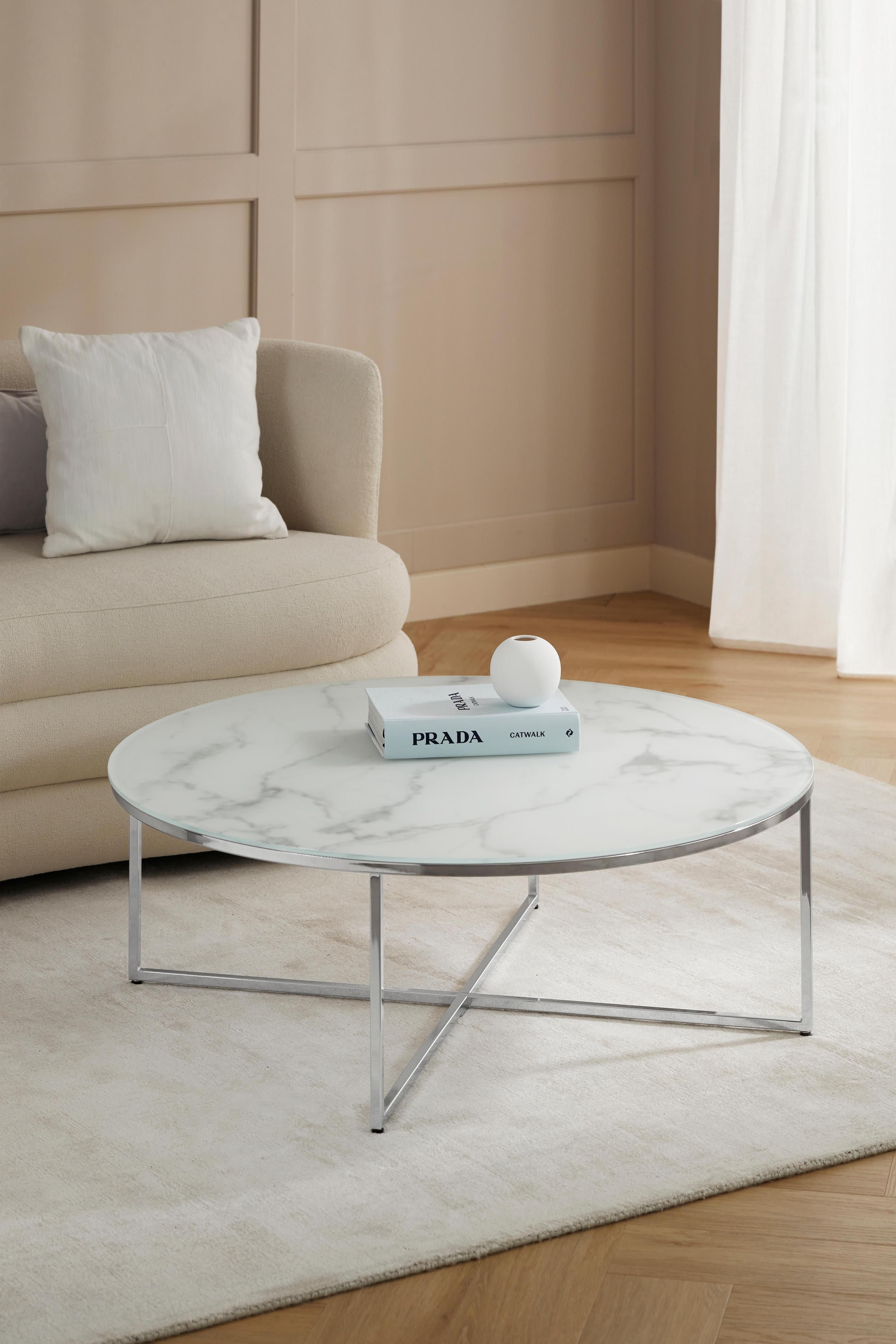 Ronde XL-salontafel Antigua met glazen tafelblad in marmerlook