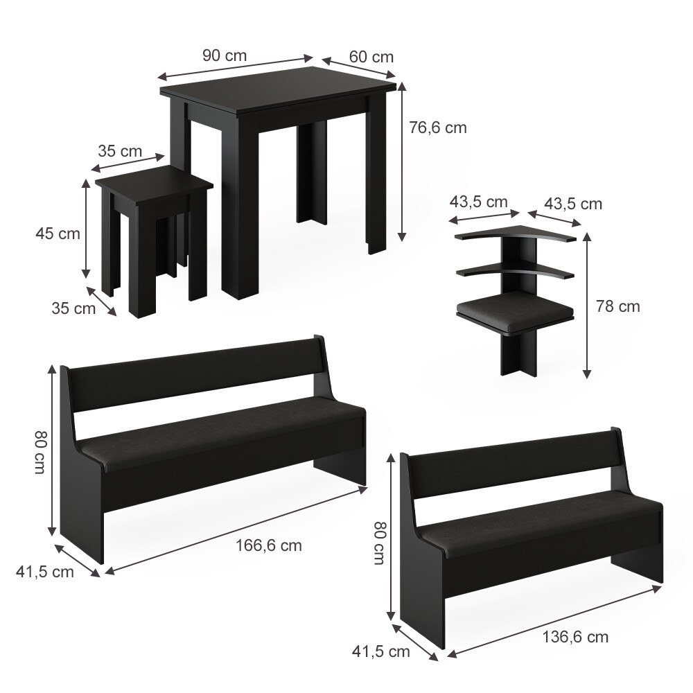 Vicco Eckbankgruppe Küchensitzgruppe Esszimmergruppe Roman Schwarz modern 210x180 cm Sitzbank Sitzecke Küchentisch Tischhocker Küchenmöbel Polstermöbel Esszimmermöbel