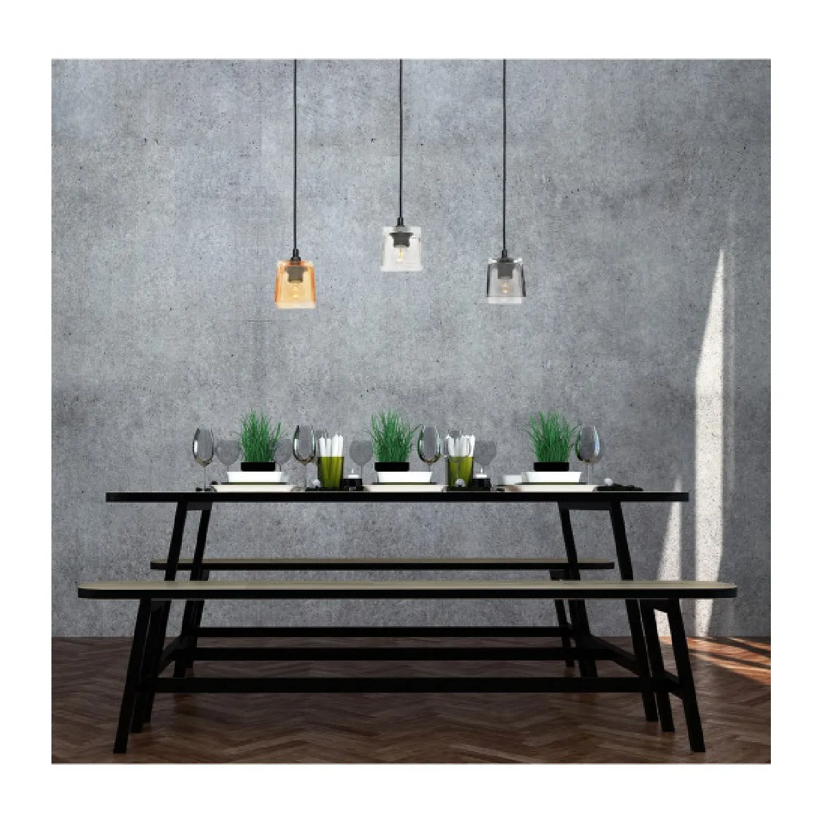 Helam Suspension Santos Verre,Fer Noir,transparent 3 ampoules 100cm