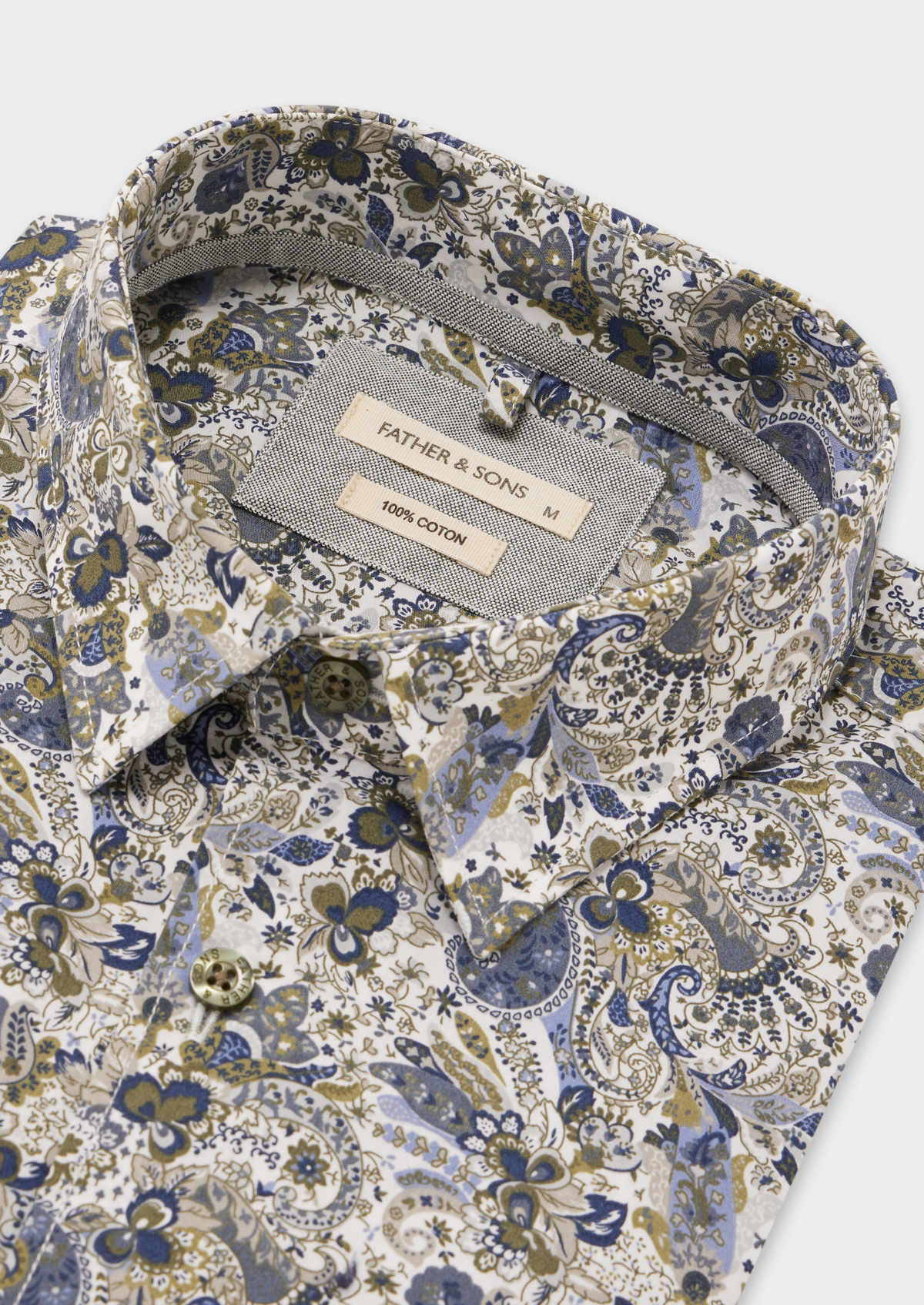 Chemise sport Slim en popeline de coton blanc à motif fleuri kaki et bleu