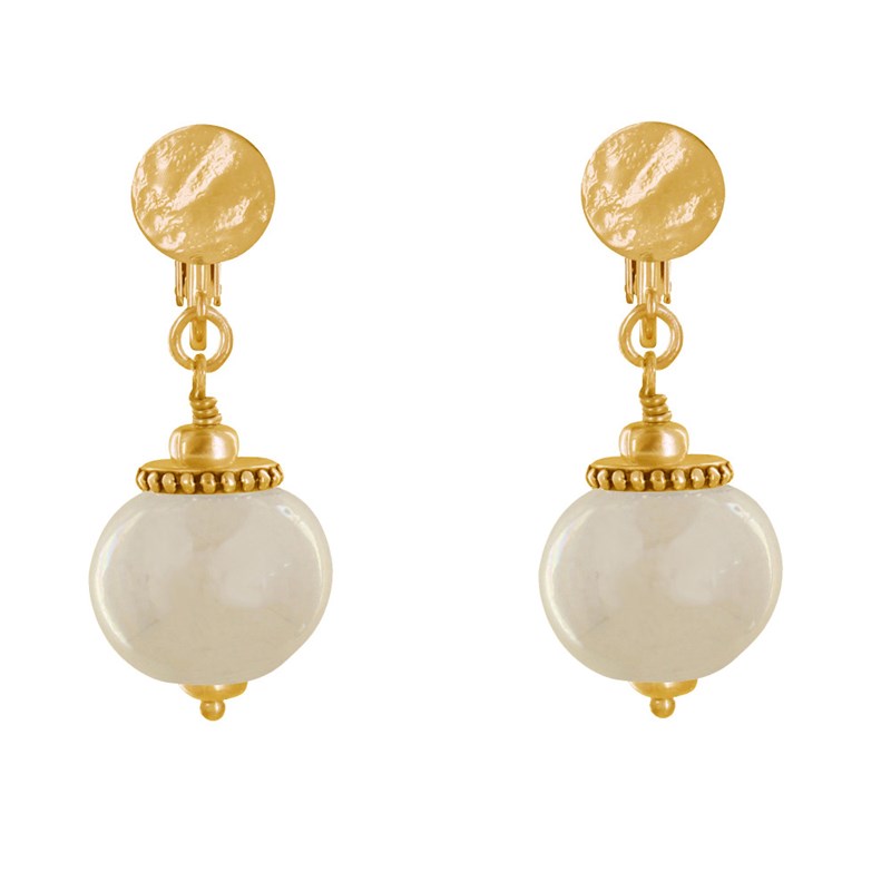 Boucles d'Oreilles Clip Métal Doré et Grosses Perles en Céramique