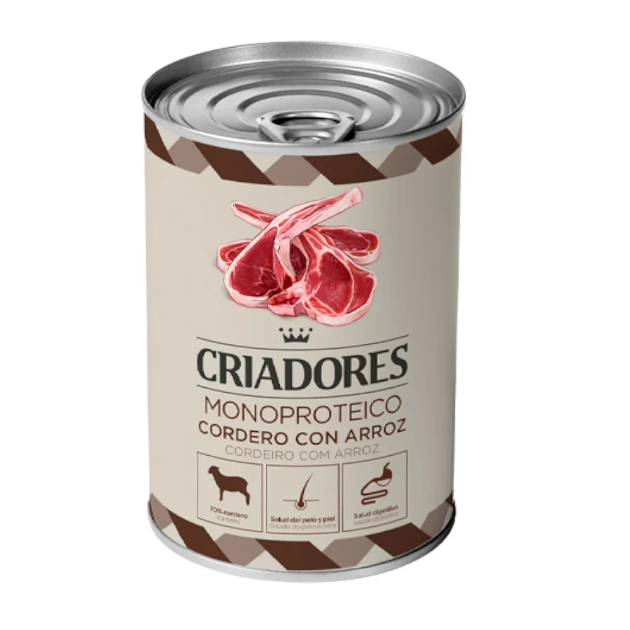 Lata de proteína de cordeiro e arroz para cães da marca Breeders.