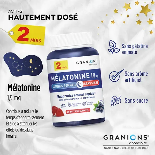 GRANIONS - Gomas de Melatonina para Dormir 1,9 mg - Sem Açúcar - Embalagem para 2 Meses