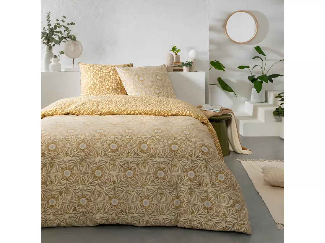 Parure de lit 2 personnes en coton 57 fils imprimé beige 260x240cm