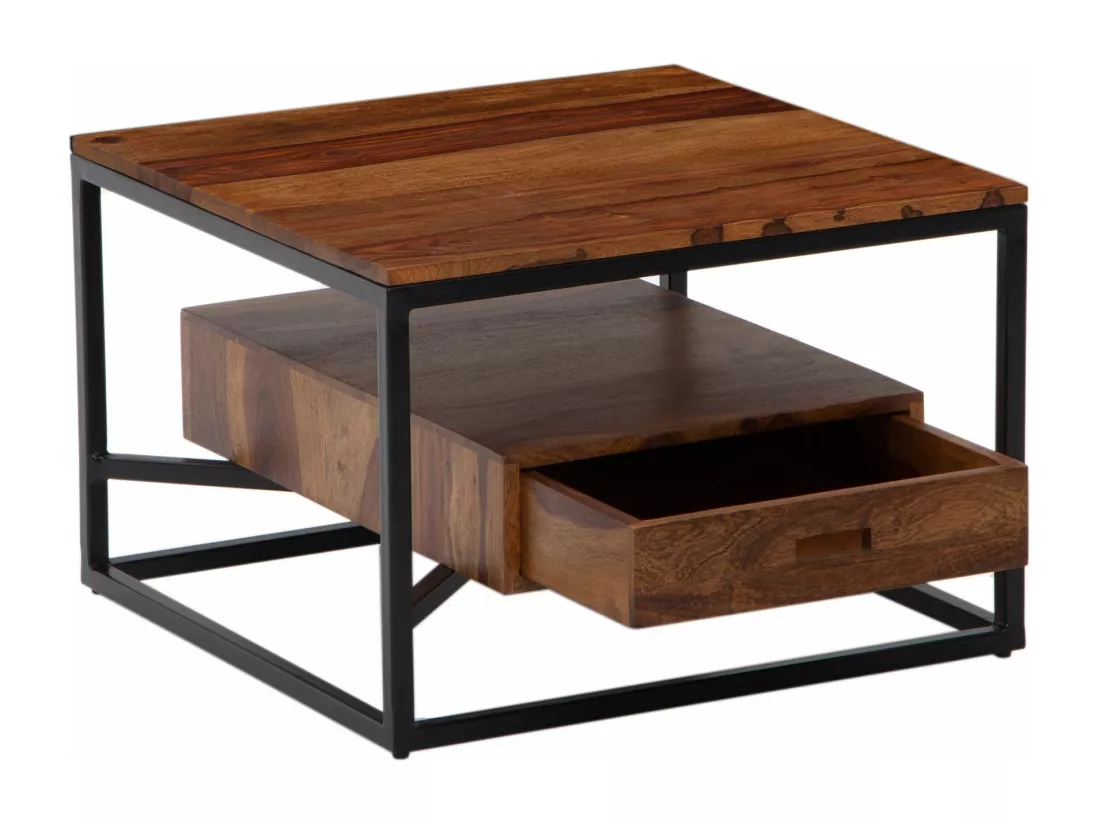 Table Basse De Salon En Bois De Sheesham Bois Massif Solide Et Métal 60X60X40 Cm Carré