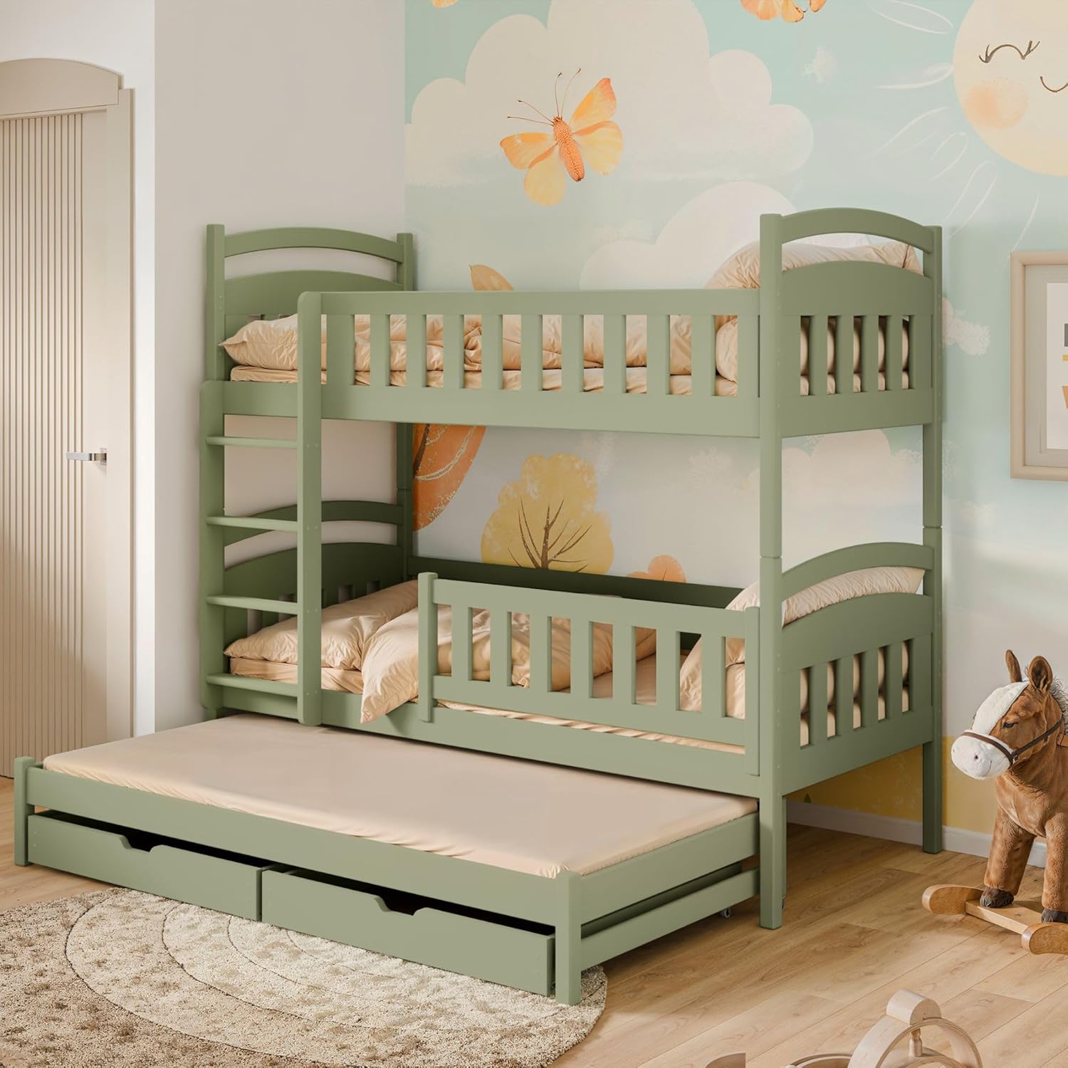 Kids Collective Hochbett 90x200 Etagenbett Kinderbett Jugendbett Stockbett 3 Kinder, zwei Schubladen & Rausfallschutz umbaubar in 3 Einzelbetten | 4. bis 16. Lebensjahr | inkl. Lattenrosten | olivgrün