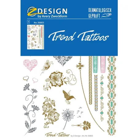 Avery Zweckform Trend Tattoos (Gold / Silber-Stil, Klebefolie, dermatologisch getestet) 29 Designs