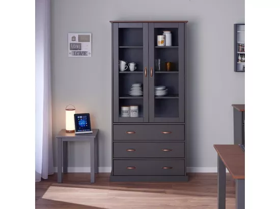 MELINA - Vitrine 2 Portes 3 Tiroirs en MDF Laqué Gris Foncé