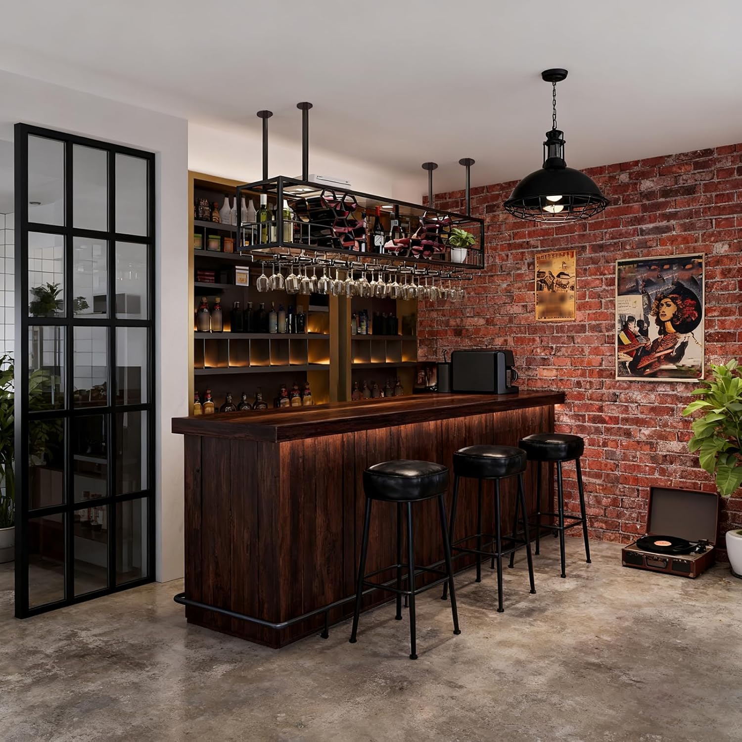 Deckenregal Weinregal mit Glashalter, Decken Regal Hängend Weinglasregal aus Metall, Bar-Display Weinlagerhalter, Holzregal hängender weinhalter für Stielgläser, für Bar Café Küche (Schwarz, 100cm)