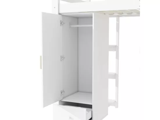 Lit en mezzanine, 90x200 cm, sans matelas, mains courantes, échelle escamotable, tiroirs, armoire, plusieurs étagères, espace combinable libre, blanc