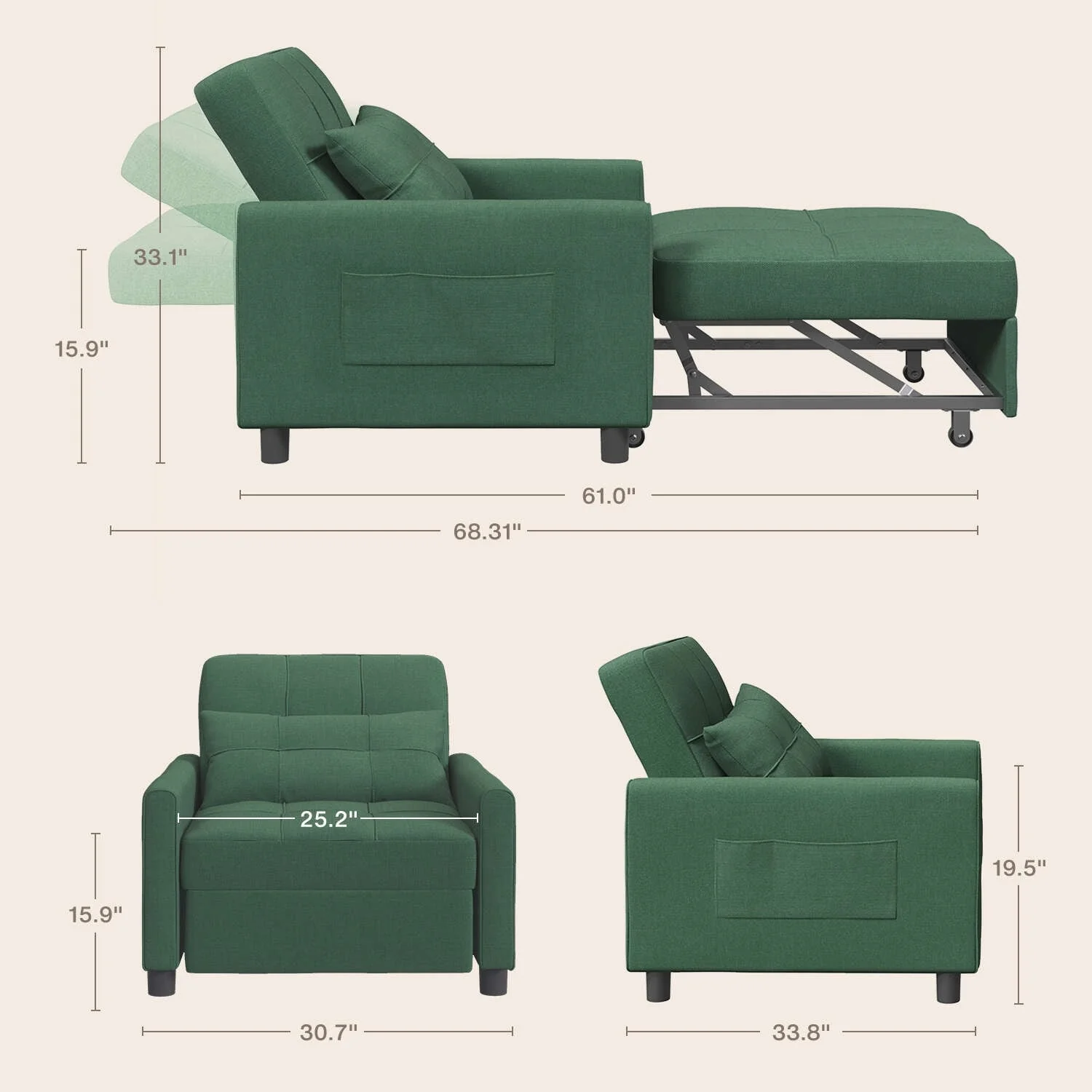 3-in-1 Adjustable Sleeper Sofa Bed, Pull Out Chair Sofa, Convertible Folding Bed for Living Room