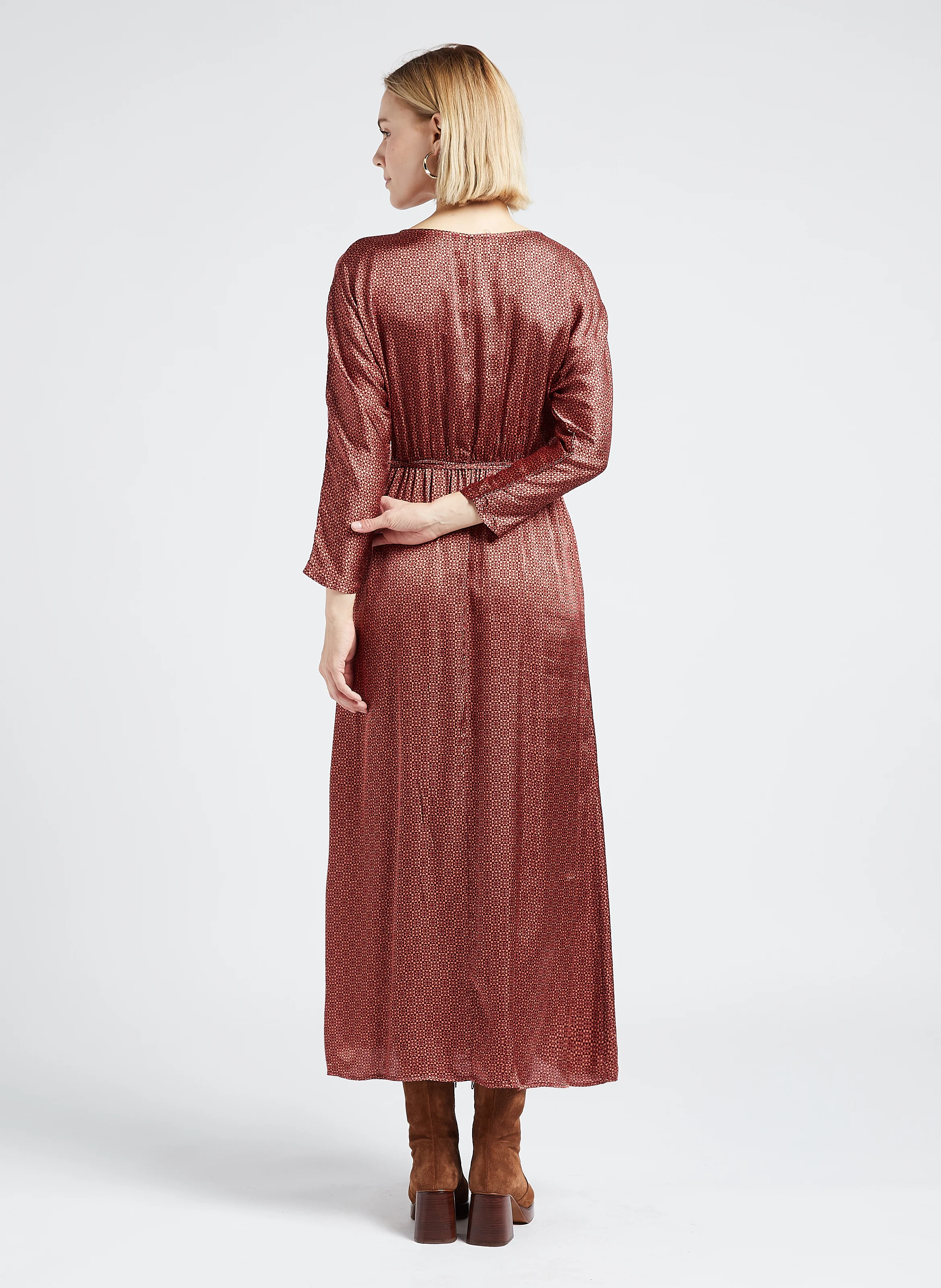 LUNA - Robe midi col V imprimée| Doré