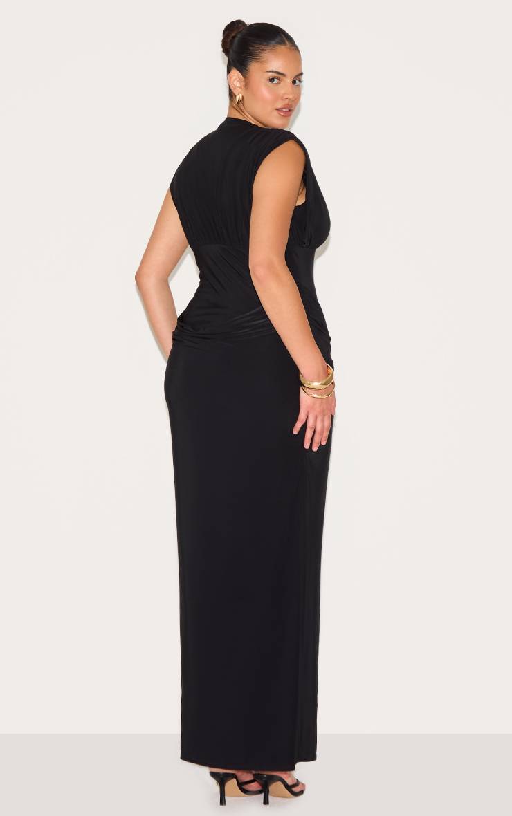 Noir Robe Longue Grande Taille Double Couche Décolleté Plongeant Épaules Froncées Taille Drapée